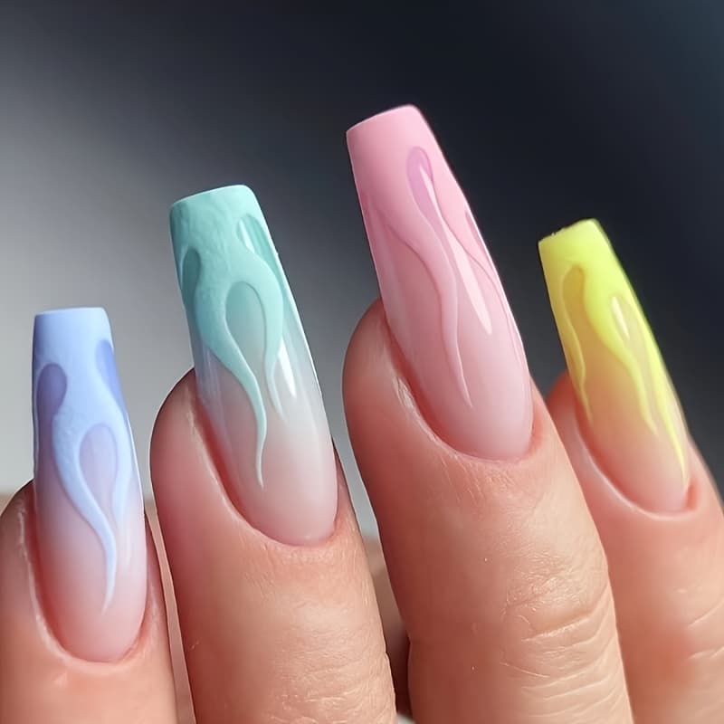 TEMU Women's False Nails Colorful Macaron Color Ballet Style Nails Long Length With Multicolor Flame Gradient Macaron Color Matte End Removable Press-on Reusable
