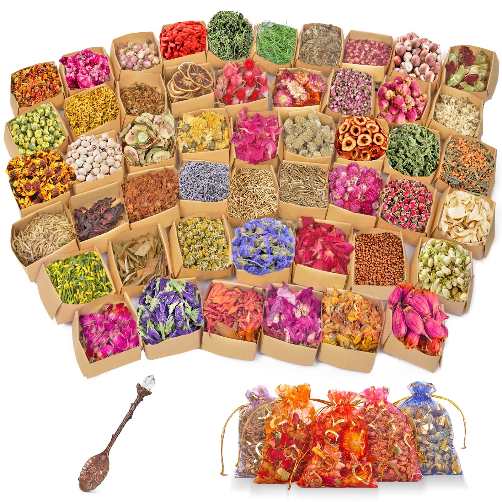 TEMU 50 Bags Dried Herbs And Flowers Kit With 1crystal Spoon And 5 Sheer Fabric Bags, 1set Dried As Wedding Graduation Day Gift-rose Petal, Dried Lily, Jasmine, Don't Me, Lemon, Pea, Lavender, Violet,