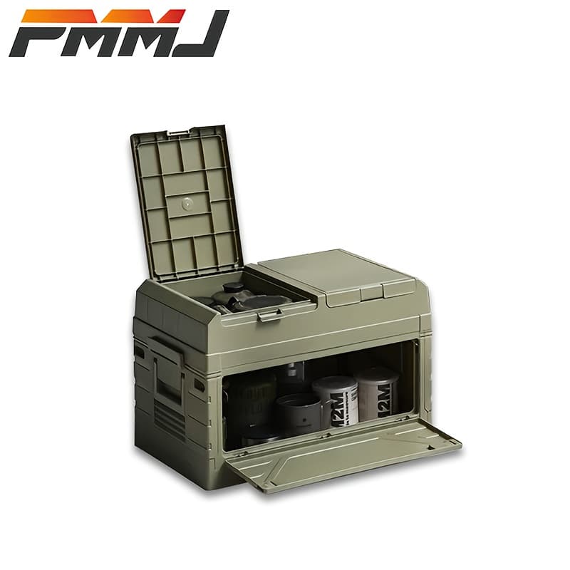 TEMU A Outdoor Storage Container In Army Green, Featuring A Foldable Table And Made From Durable Plastic, Ideal For Camping, Car Trunk, And Home Use. Portable, Sturdy, And , Perfect For Outdoor Lovers