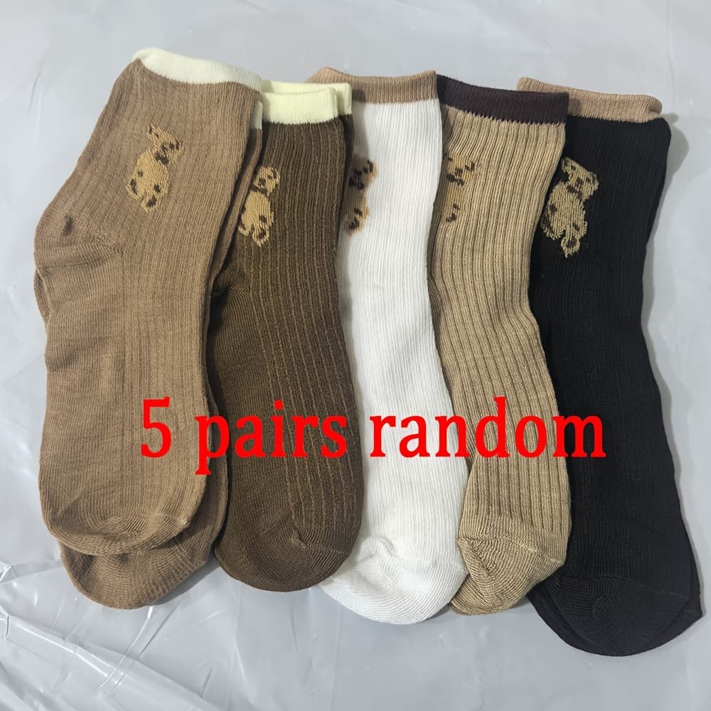TEMU 5-pair Random Color Women's Mid-calf Socks, New Autumn Academic Style Coffee-colored Teddy Bear Korean Style Women's Socks For Fall/winter