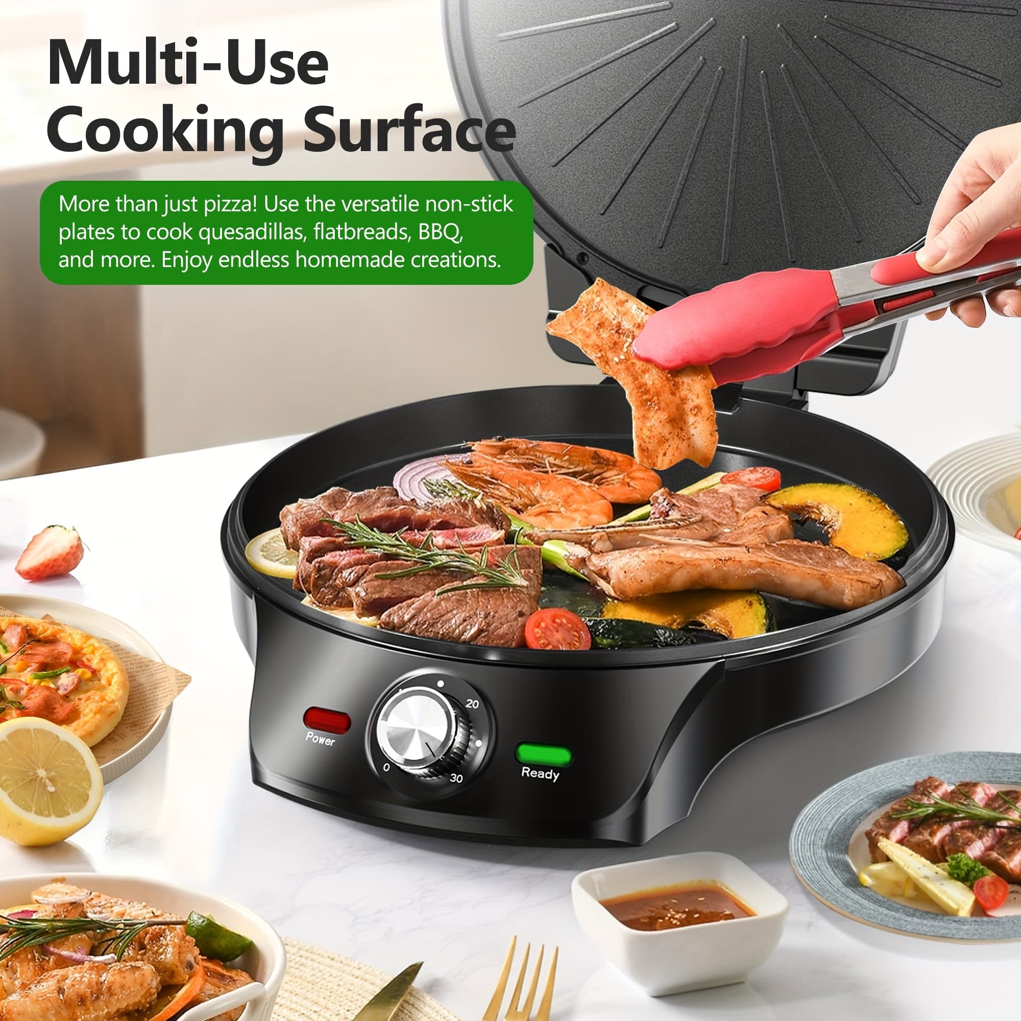 TEMU Electric Indoor Grill, 1500w 2-in-1 Indoor Grill And Pizza Maker With 30-min Timer And Auto Shut-off, 180° Open For Bbq, Steak, Burgers, Salmon, Veggies, And More, Cooking Plates