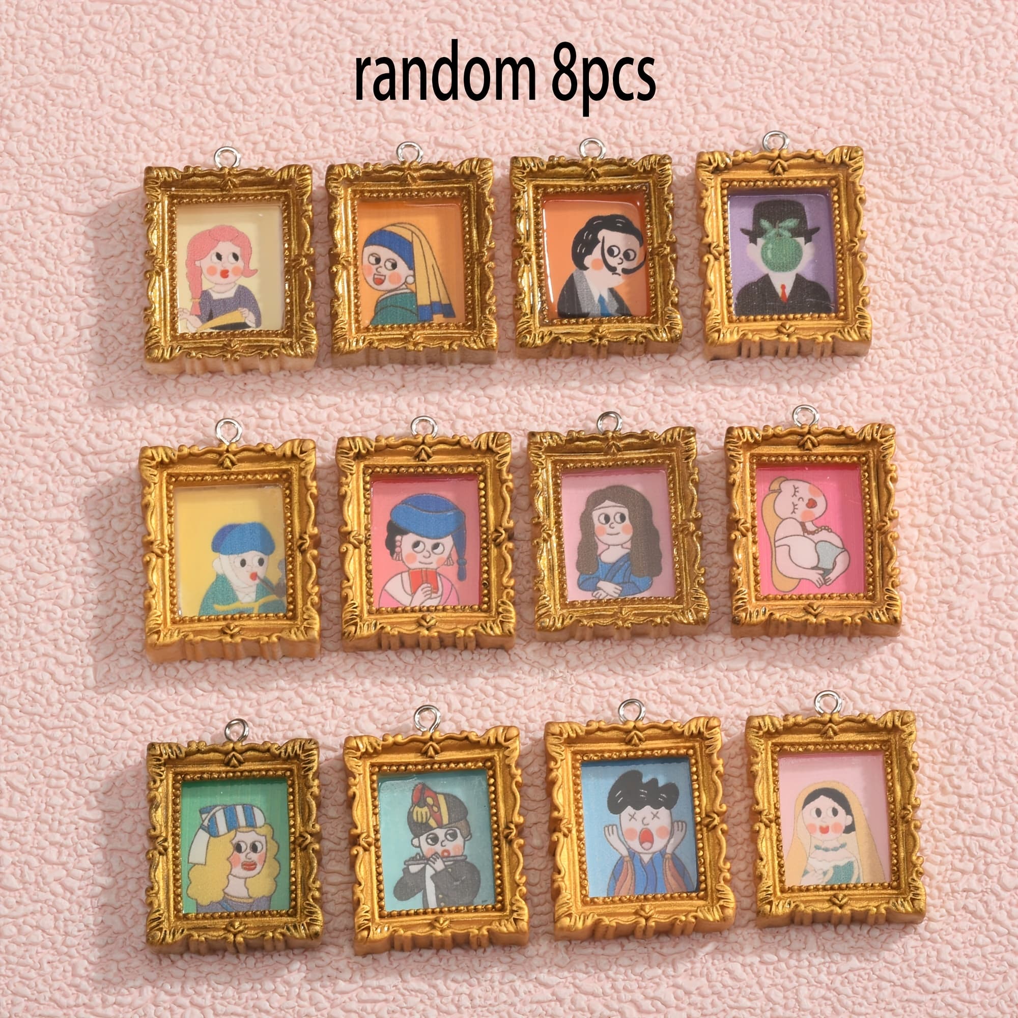 TEMU Random 8pcs Mini Resin Photo Frame Pendant Charms, Assorted Vintage Oil Painting Designs, Suitable For Making, Necklaces, Earrings, Etc