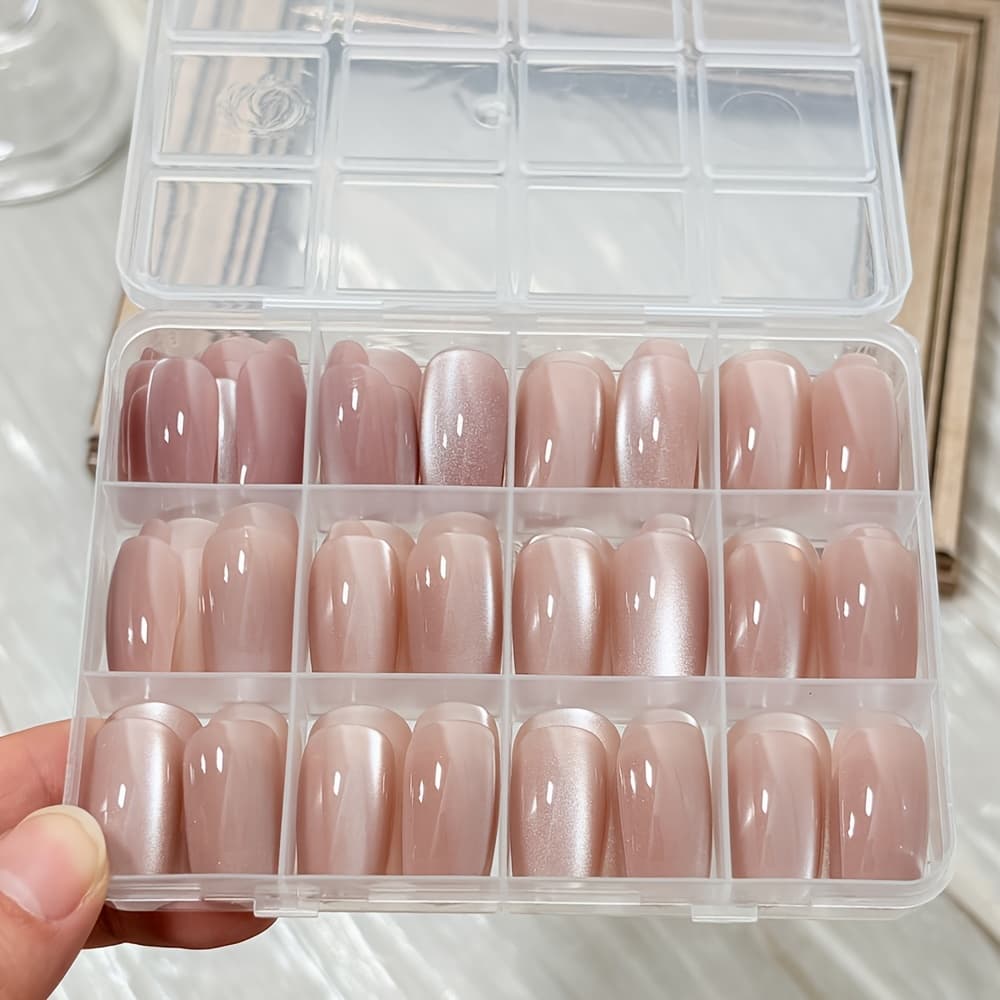 TEMU 144pcs Pink Cat Eye Press On Nails, Short Square Nude Acrylic Fake Nails, Reusable False Nails For Women Diy Manicure