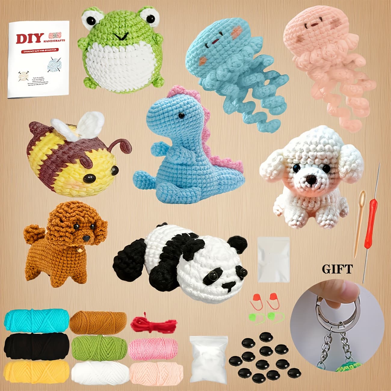 TEMU Beginner's Crochet Set With 8pcs, Includes Animal Patterns, Hooks, Yarn, And Video Instructions For