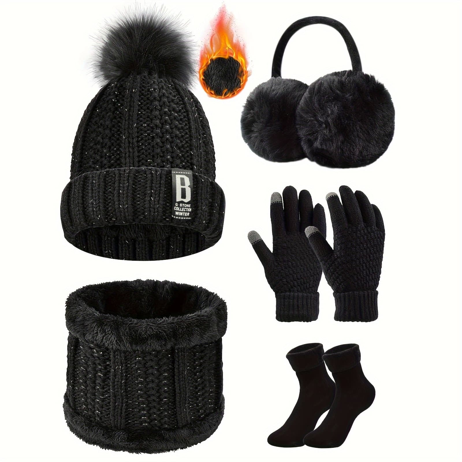 TEMU 5pcs Winter Sports Accessory Set - Beanie, Neck Warmer, Touchscreen Gloves, Plush Ear Muffs, Thermal Socks For Skiing, Cycling, Hiking - Outdoor Gear Kit
