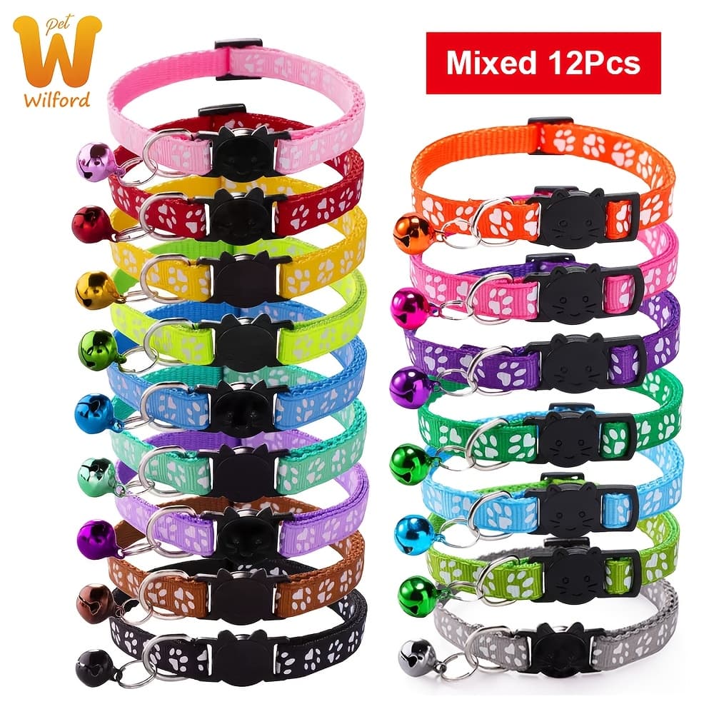 TEMU 12pcs Of Adorable Cat Collars With Safety Buckles And Bells, Adjustable Size, Featuring Paw Print Patterns, Suitable For Small To Medium-sized Dogs And Cats, Colors Are Random, Without Battery