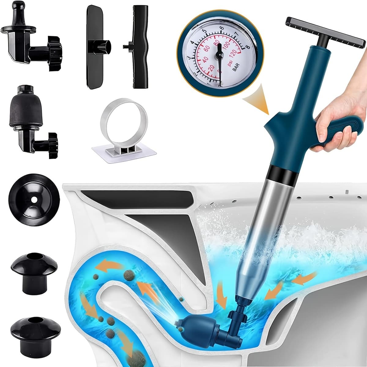 TEMU Air Toilet Plunger Set, Air Drainage Plunger, High-pressure Toilet Blockage Removal Tool, Stainless Steel Toilet Shaped Toilet Suitable For Kitchen Sink, Bathroom, Bathroom, Pipeline Blue