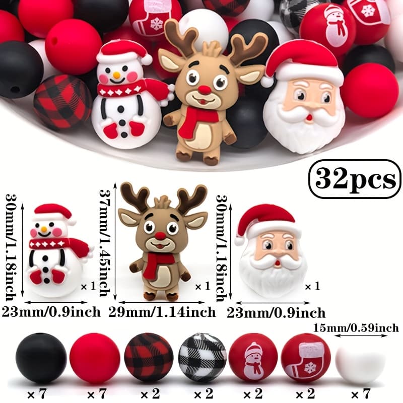 TEMU 32pcs Silicone Beads, Christmas Snowman With Red Round Bulk Beads, Suitable For Handmade Jewelry, Keychain, Daily Decorative Parties And Women's Gifts