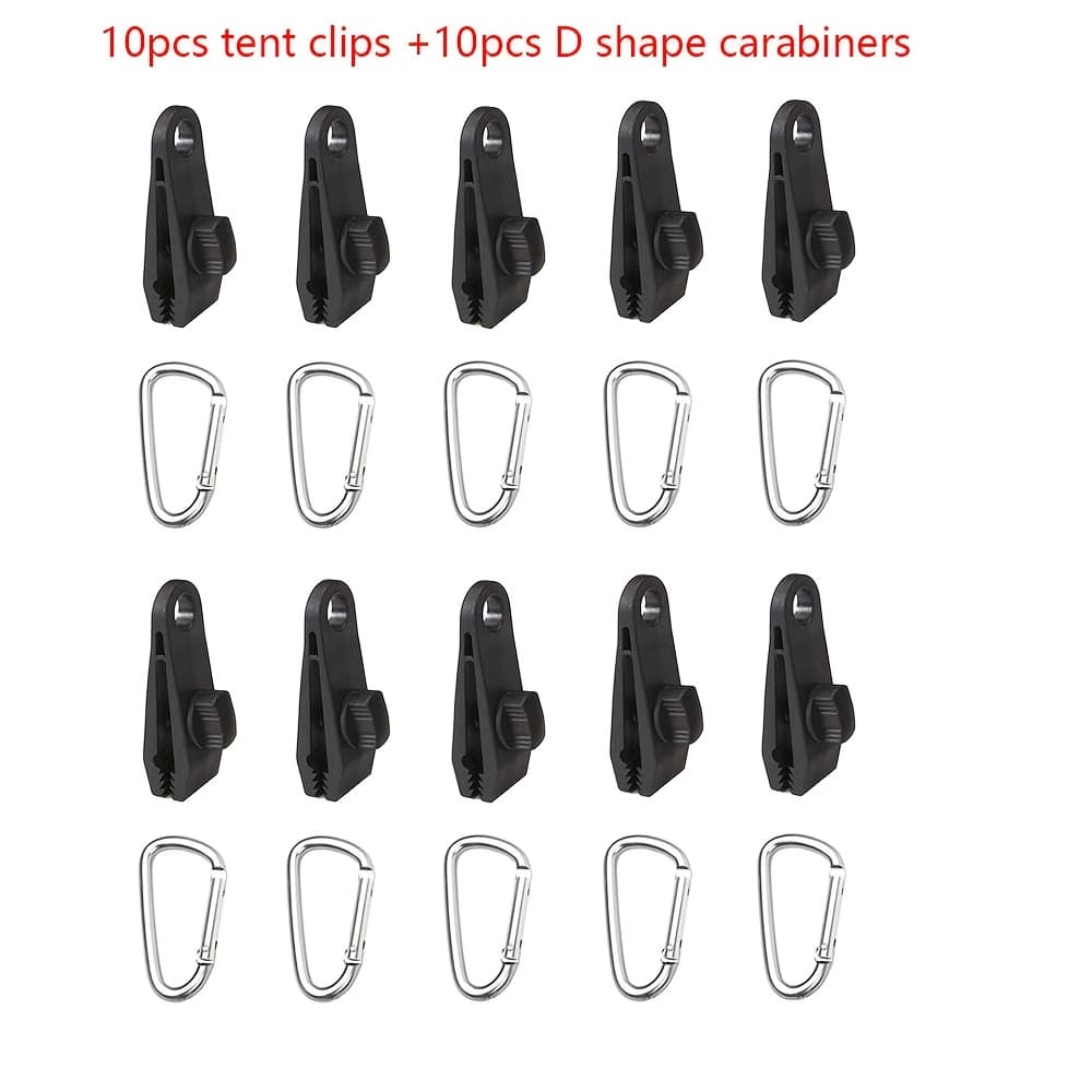 TEMU 20pcs Set: Outdoor Tent Clips (10pcs) + Carabiners (10pcs) - Reinforced Windproof Tent Clips, Tent Fasteners, Tarpaulin Clips