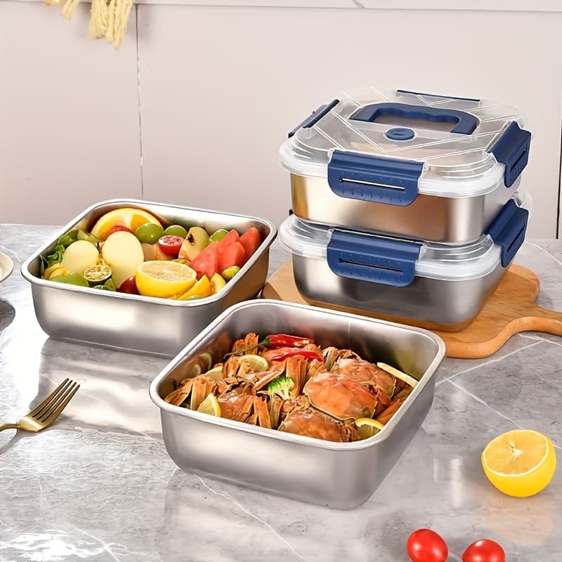 TEMU 4pcs Stainless Steel Food Storage Container With Blue Lid, Deepens And Enlarges Capacity 57.48 Oz., Suitable For Refrigerator Crisper, Airtight Bowl, Bento Box, Food Dispenser, Kitchen Utensils