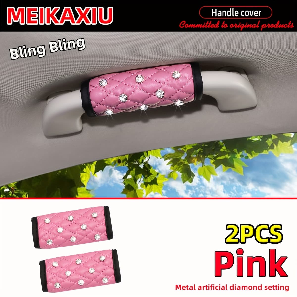 TEMU 2pcs Pu Leather Car Door Handle Covers With Artificial Diamonds, Bling Bling, Comfortable, Soft, Breathable, Universal Interior Accessories Set