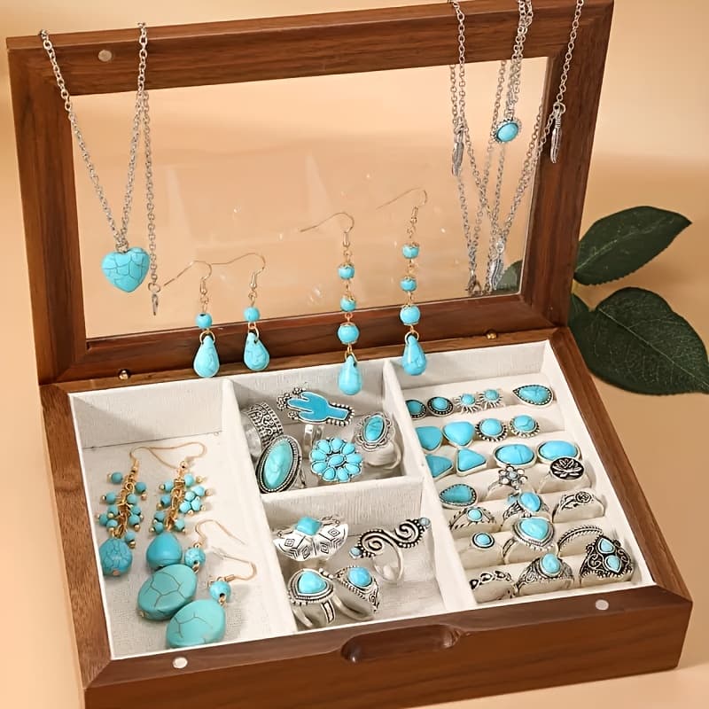 TEMU 44pcs Vintage Bohemian Inlaid Turquoise Love Heart Flower Drops Cactus Earrings Necklace Ring Women's Jewelry Set For Daily Wear, Party Vacation Dating, Perfect Gift