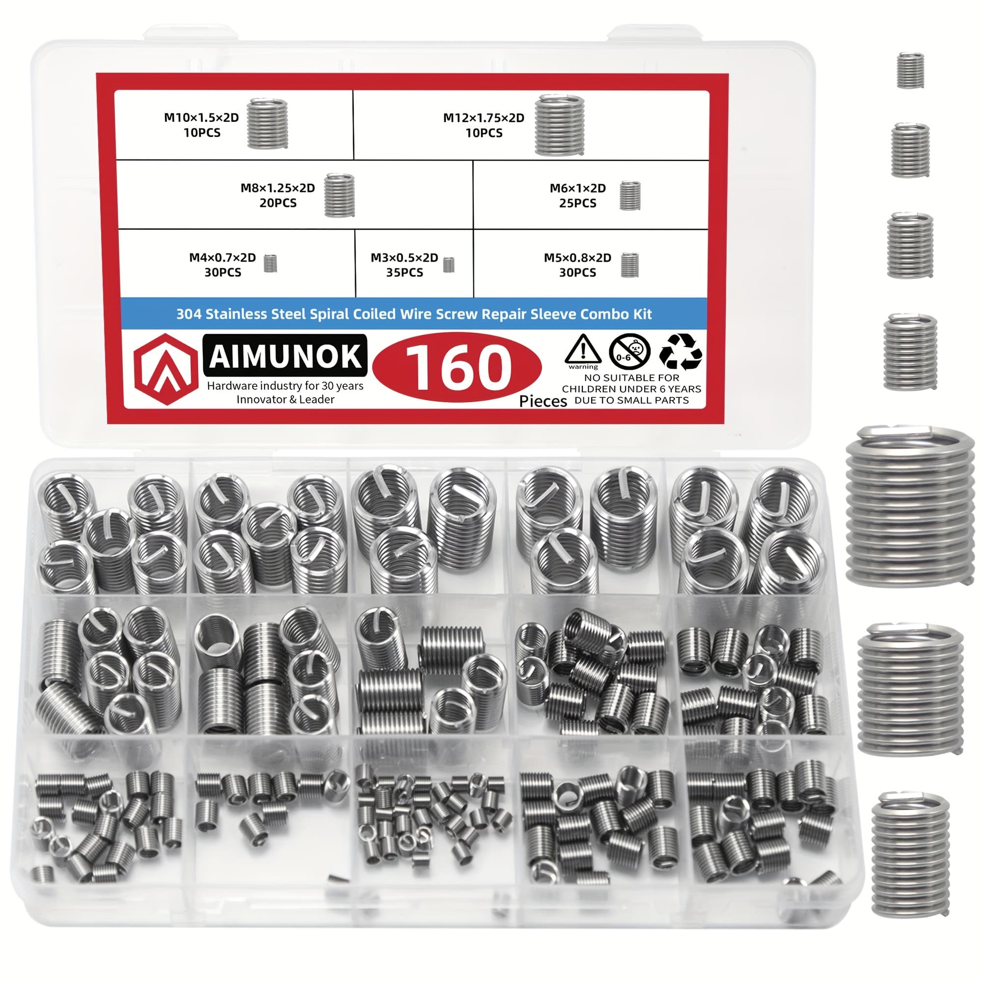 TEMU 160pcs Wire Inserts Screws Sleeve Assortment Kit, 304 Stainless Steel Metric M3 M4 M5 M6 M8 M10 M12 Wire Thread Inserts Helical Type Coiled Wire Screw Repair Sleeve For Automotive Repairs