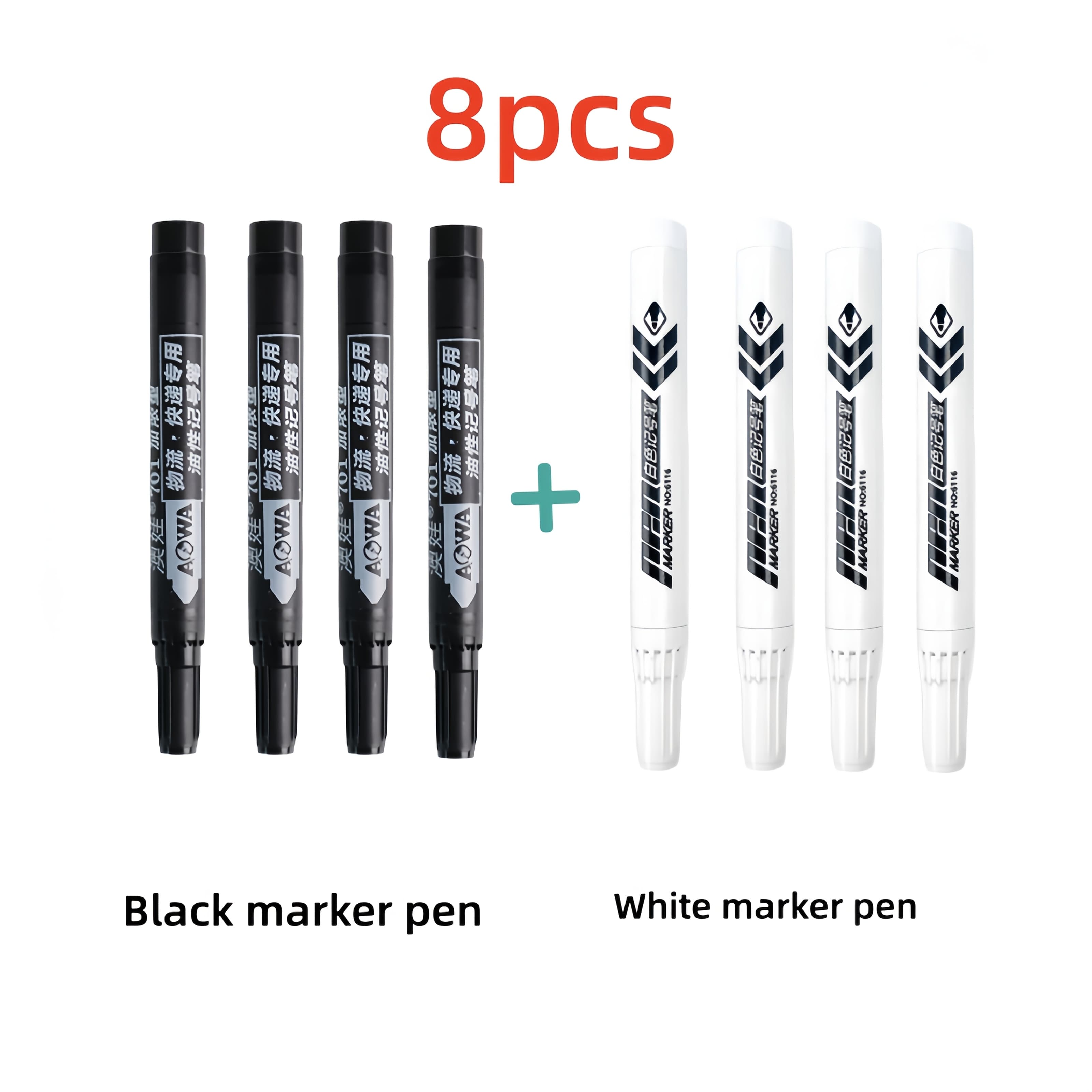 TEMU 4pcs Black And 4pcs White Marker Pen Set, White And Black Quick-dry Oil-based Tip Pens, Durable Thick Pens For Marking