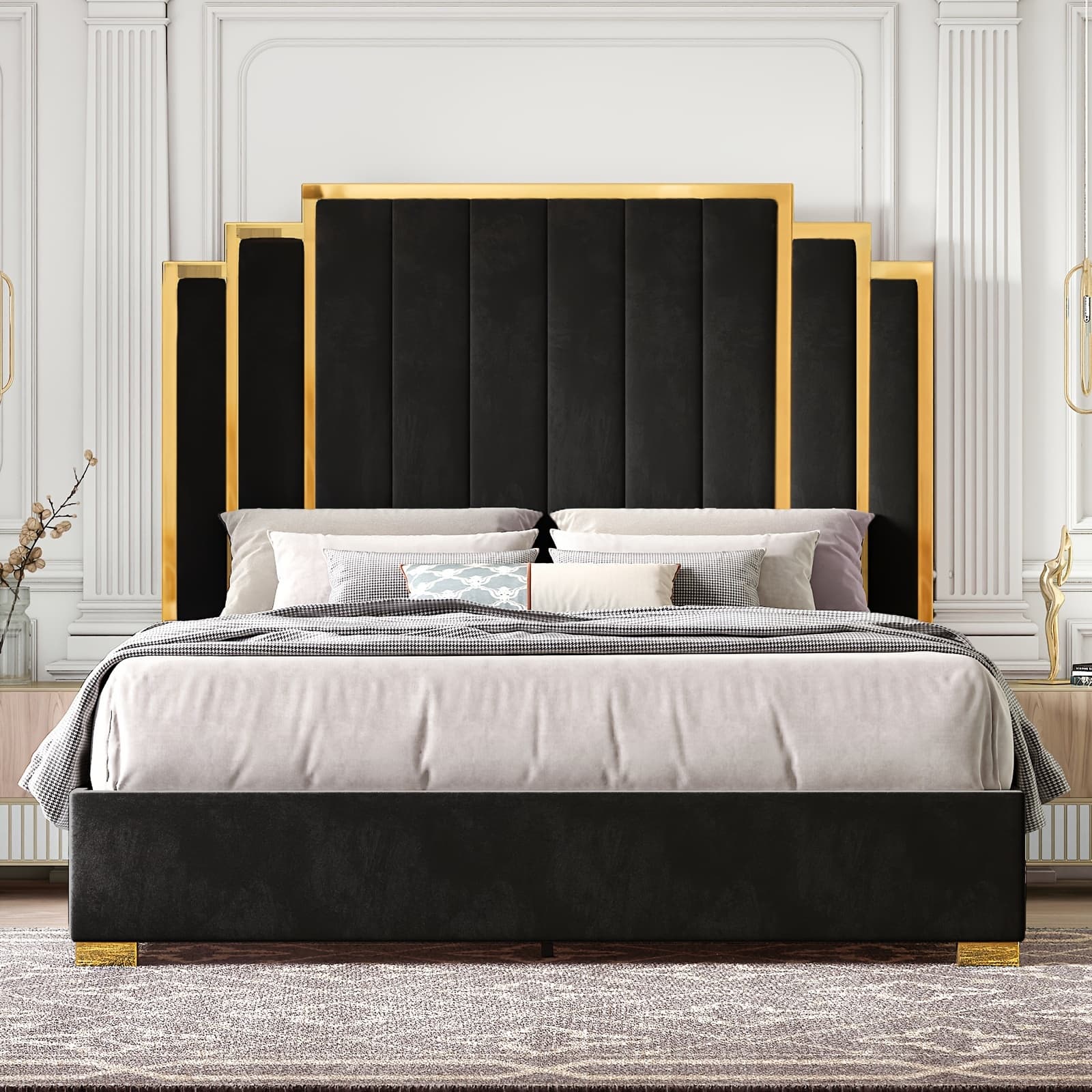 TEMU Queen-sized Bed Frame, 61.4"/65" Upholstered In Velvet With A Gold-trimmed Headboard, Featuring Wooden Slats And For A Box Spring, In Black.