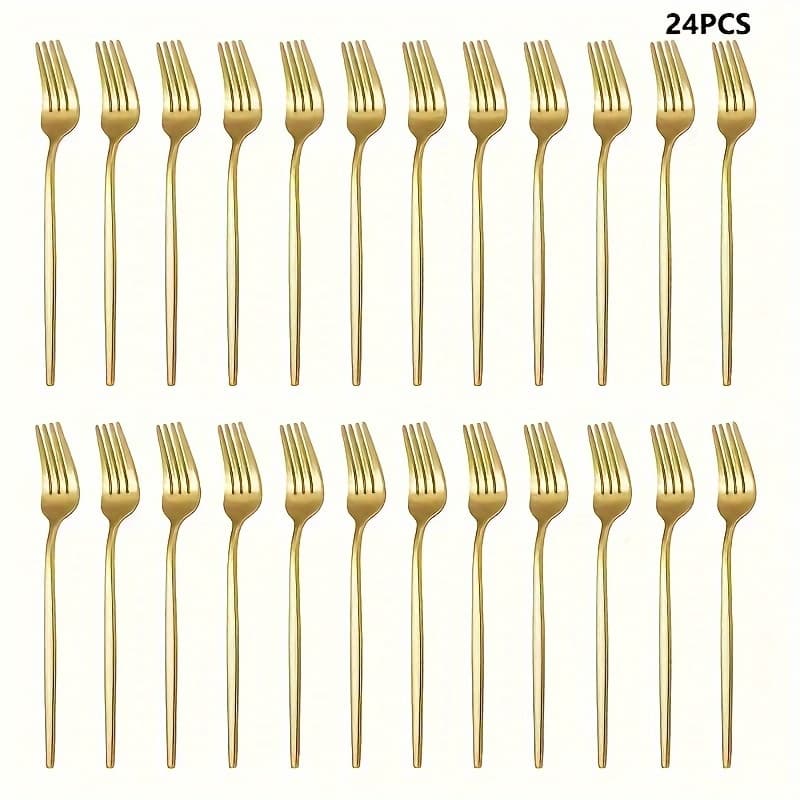 TEMU 24pcs Stainless Steel Fork Set, Polished, In Golden And Silver, Kitchen And Restaurant Additions