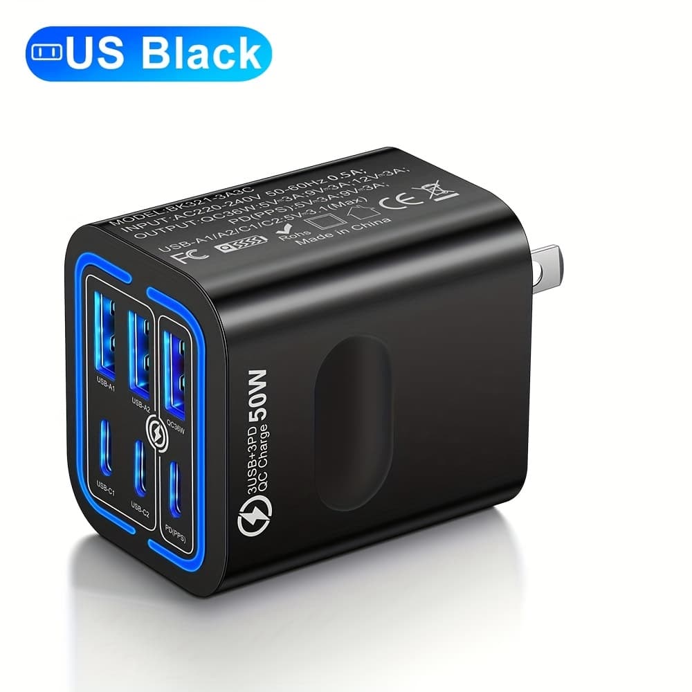 TEMU 6 Ports Fast Charging Type C Charger Block, Us Plug 3 Usb 3 Type C Wall Charger For Iphone 17/pro Max, For , For Xiaomi Mobile Phone Charger Adapter For Christmas Gift