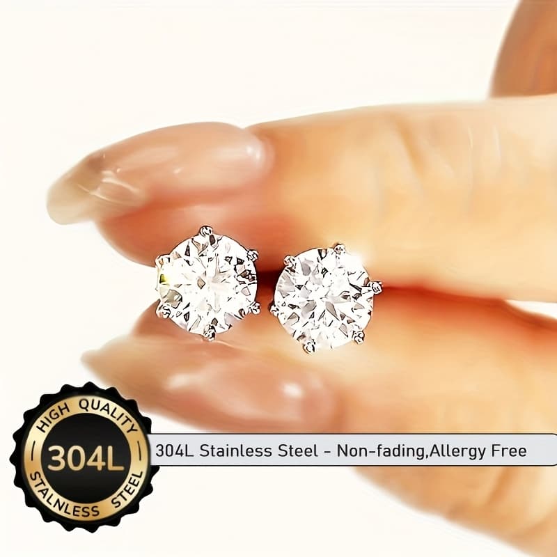 TEMU Pair Of Solitaire Round Cut 1 Carat Stone Stud Earrings, Ladies' Fashion Accessories - Exquisite Hypoallergenic Silvery Fine Jewelry Gifts For Women