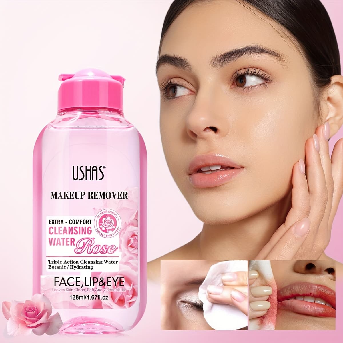 TEMU Ushas Rose Makeup Remover, Oil-free Deep Cleansing Water For Waterproof Makeup, Gentle And Non-irritating, Ideal For Face, Eyes, And Lips