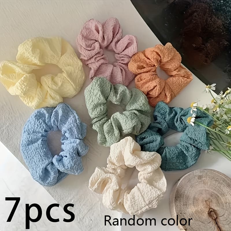 TEMU 7pcs Multicolor Random Minimalist Seersucker Large Hair Tie Solid Color Fabric Hair Additions Suitable For High And Low Ponytails, Bun, Half-tie All Hairstyles