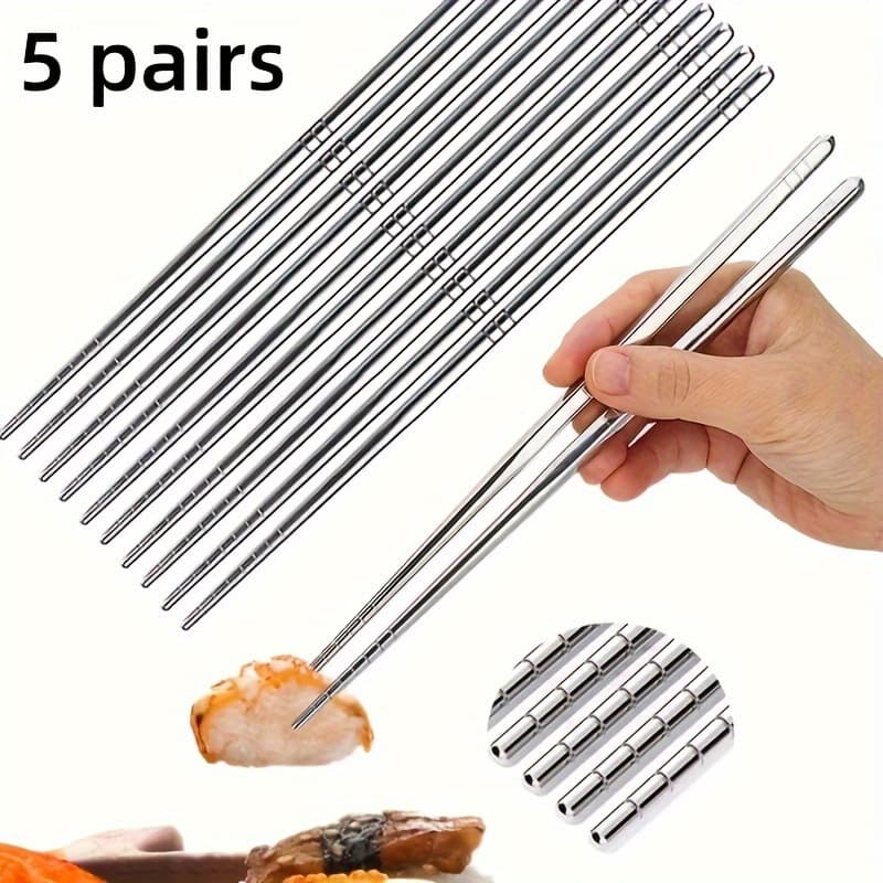 TEMU 5 Pairs Of Stainless Steel Metal Chopsticks That Are Reusable, Non-slip, Dishwasher Safe, Suitable For Cooking, And Lightweight