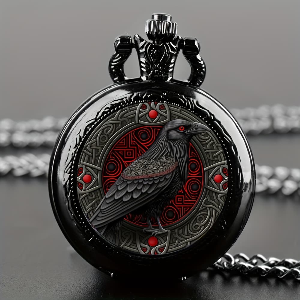 TEMU Stylish Black Pocket Watch Necklace - Quartz Movement, Alloy Case And Band, Gothic Design With Red Accents, Perfect For Autumn Forest Aesthetic