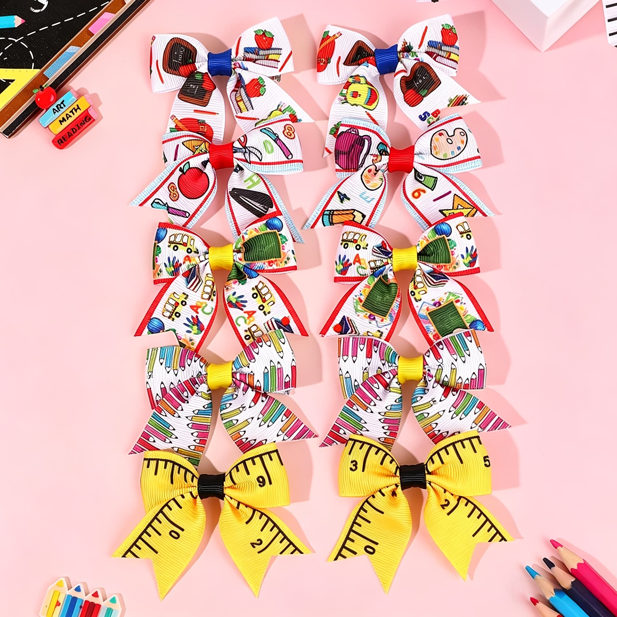 TEMU 10pcs Back To School Hair Bows Clips For Ruler Pencil & Book Pattern Hair Barrettes For Students Gifts Grosgrain Ribbon Clips Additions For First Day Of School, Campus