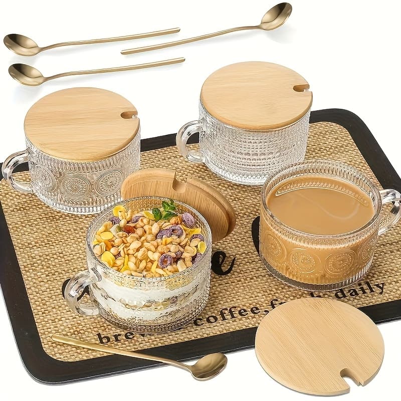 TEMU 4pcs Set 450ml/15.2oz Vintage Style Patterned Glass Coffee Cups With Lids And Spoons - Reusable, Breakfast Cups, Suitable For Cappuccino, Latte, Cereal, Yogurt, And Milk - Ideal For Daily Use