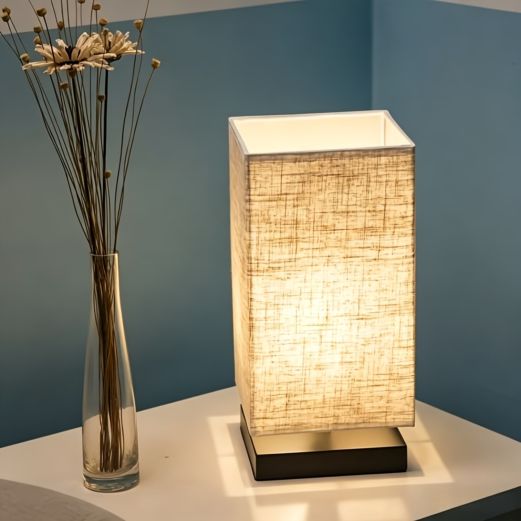 TEMU Bedroom Small Table Lamp Bedside Table Lamp Simple Bedside Table Lamp With Square Cloth Reading Lamp Bedroom Living Room Office Dormitory Lamp Usb Plug-in Three-tone Lighting