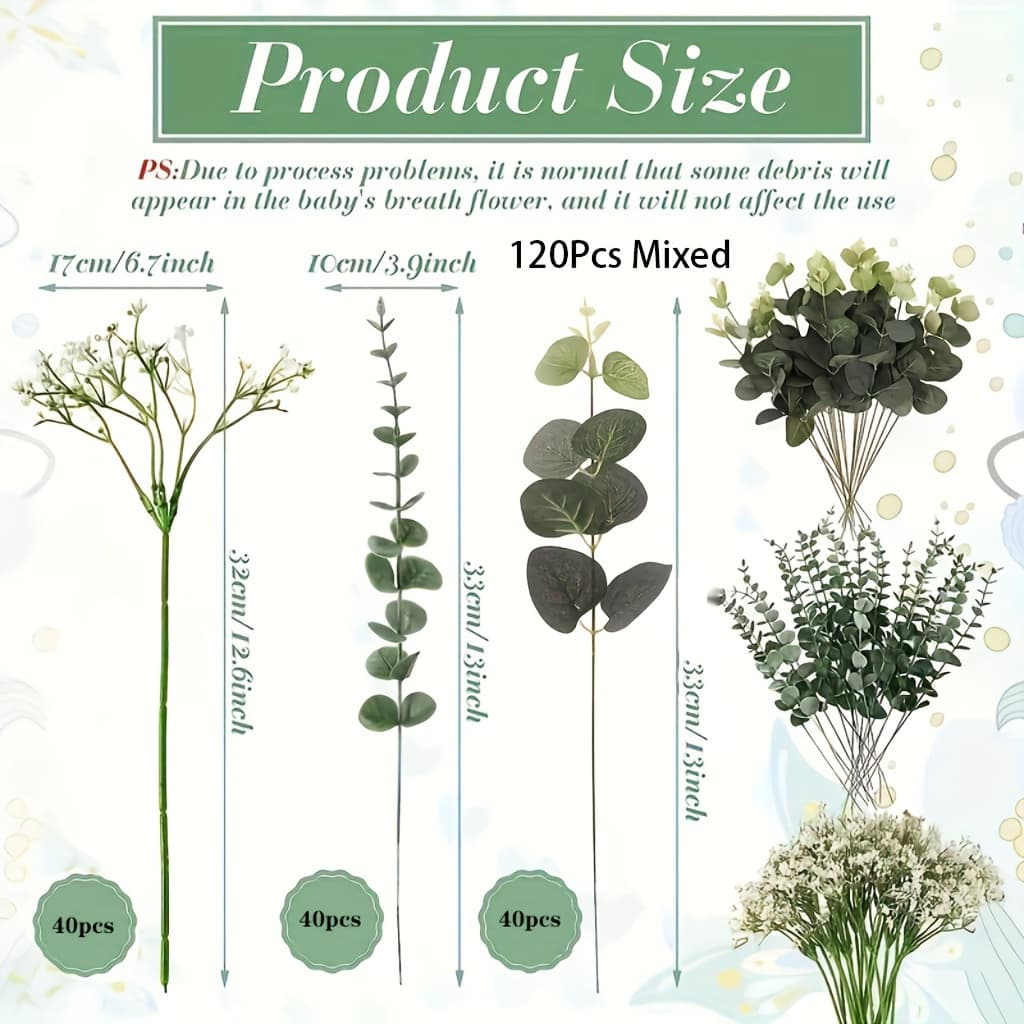 TEMU 120pcs Artificial Gypsophila, Artificial Eucalyptus Gypsophila Stems, Gorgeous Design Artificial Silvery Eucalyptus Green Stems, Suitable For Wedding Bouquet Desktop Center Decoration, Decoration