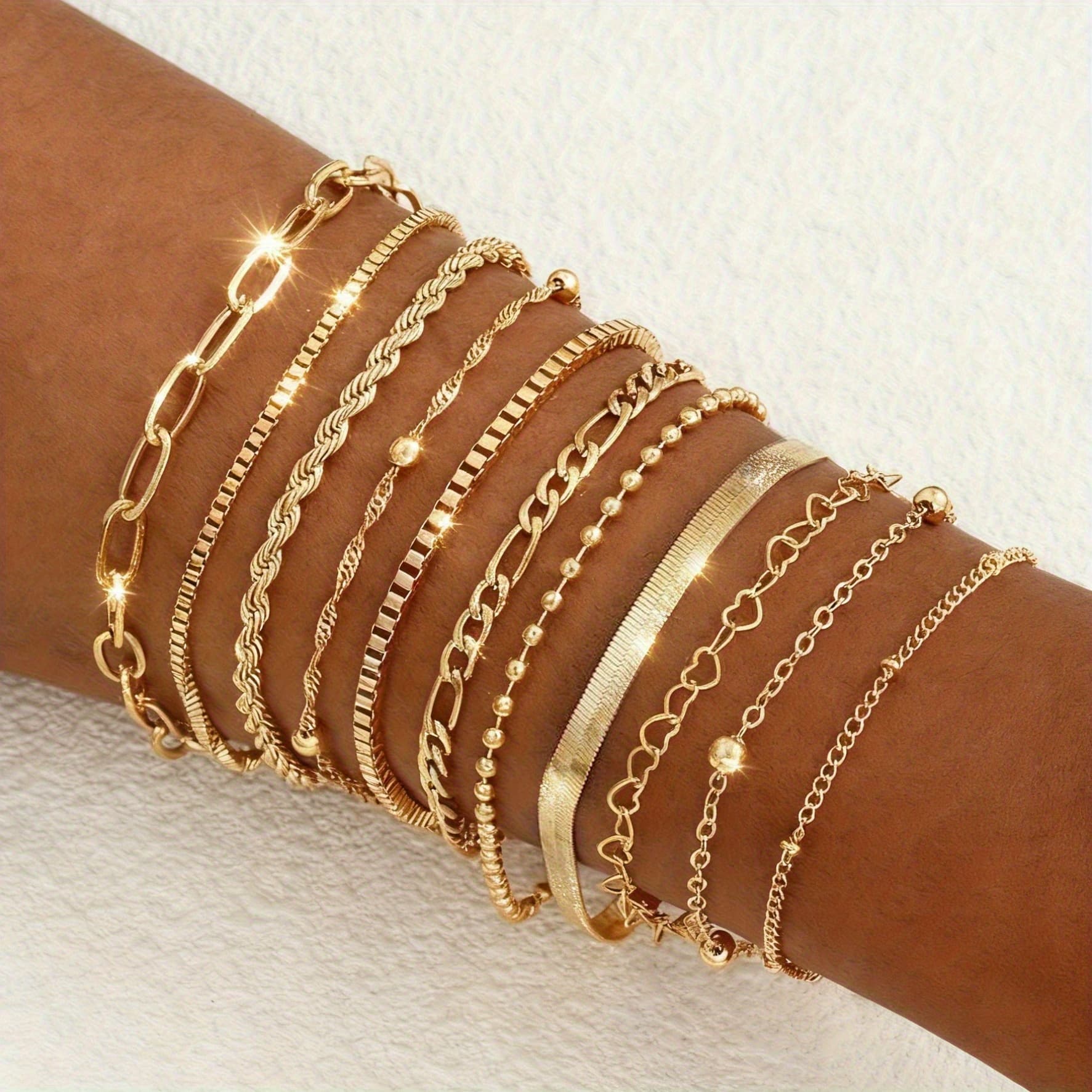 TEMU 11pcs Women Bracelet Set Golden Vintage Elegant Fashion Simple Heart Bead Chain Snake Bone Twist Metal Multi Layering Jewelry Holiday Party Date Gift