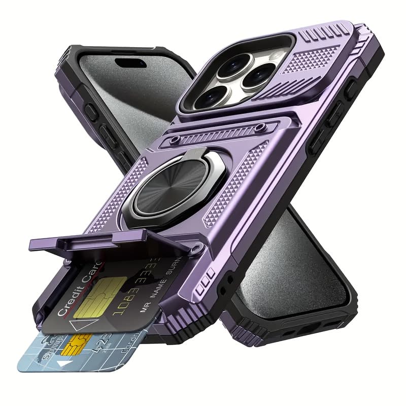 TEMU Phone Case: Hidden Slot Phone Case For Iphone 17 16 15 14 13 12 11 Pro Air Series, Built-in Card Slot With Metal 360° Rotating Stand, Shockproof Heavy-duty Hard Shell Protective Case