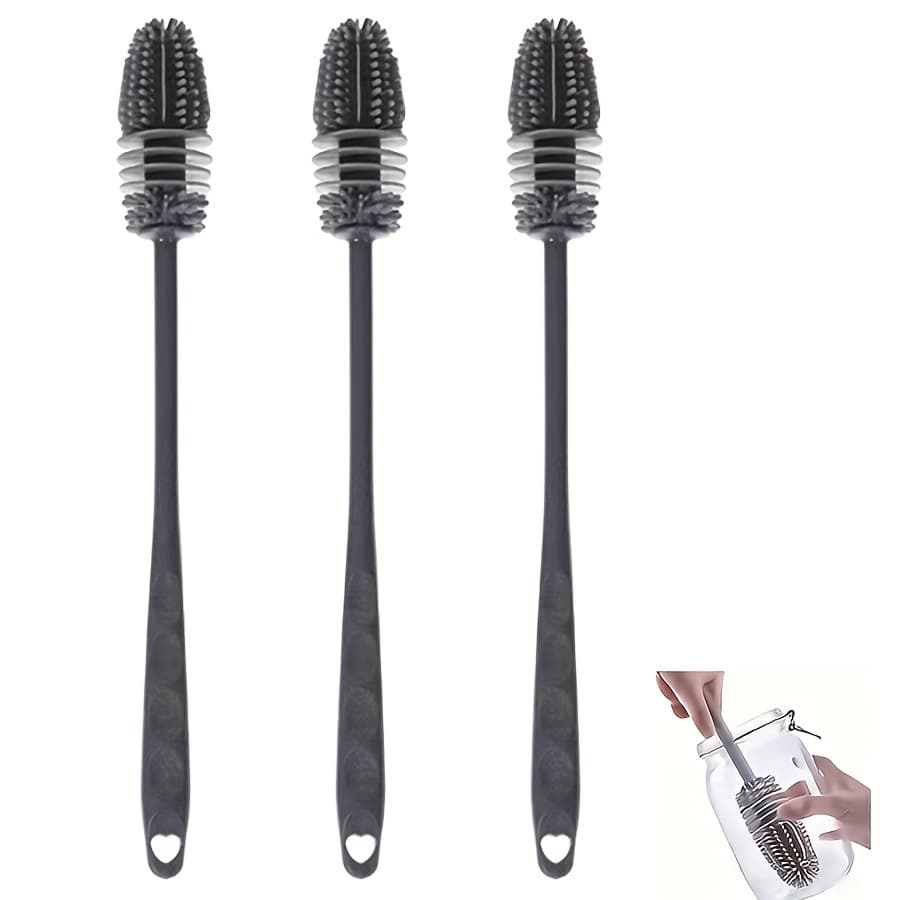 TEMU Set Of 3 Bottle Brushes With Long Handles, Suitable For Cleaning Flasks, Vacuum Sports Bottles, Vases, And Glass Items (gray)