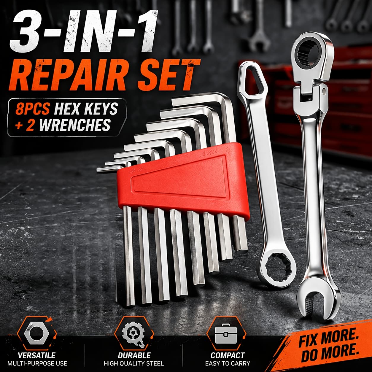 TEMU 10pcs Tool Kit 8pcs Allen Wrench Set With Ratchet Wrench And Box End Wrench Repair Tool Set For Bike Furniture Maintenance Durable Steel Compact