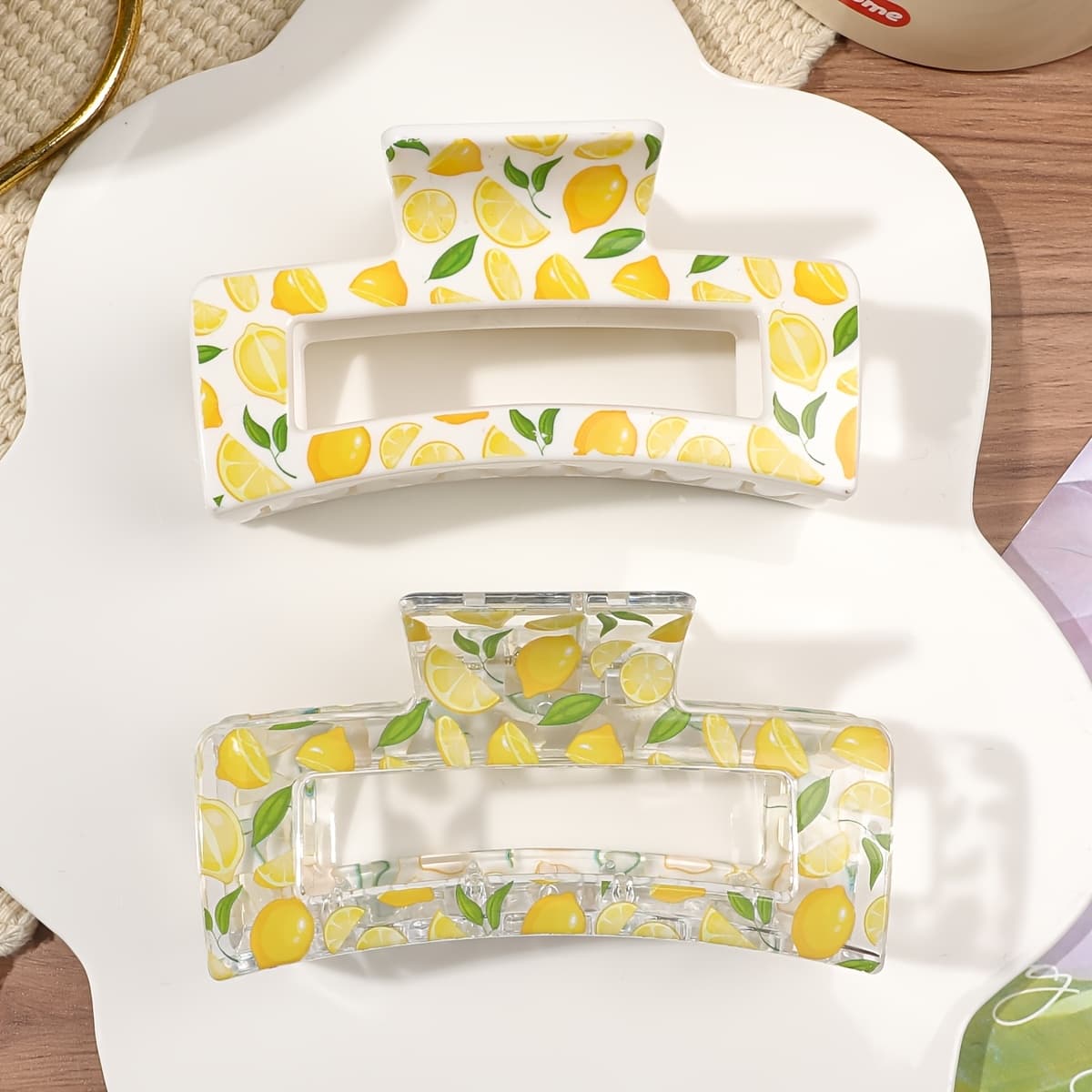 TEMU 2pcs Set Korean Style Transparent Printed Fruit Floral -cross Hair Clips, Square Shark Clip For Back Of Head Updo