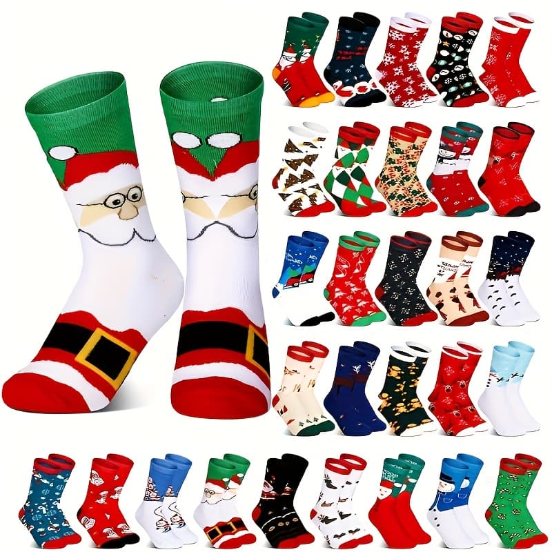 TEMU 30 Pairs Of Christmas Socks For Autumn And Winter, Pure Mid-calf Socks, All- Christmas Couple Socks For Men And Women, Cute Cartoon