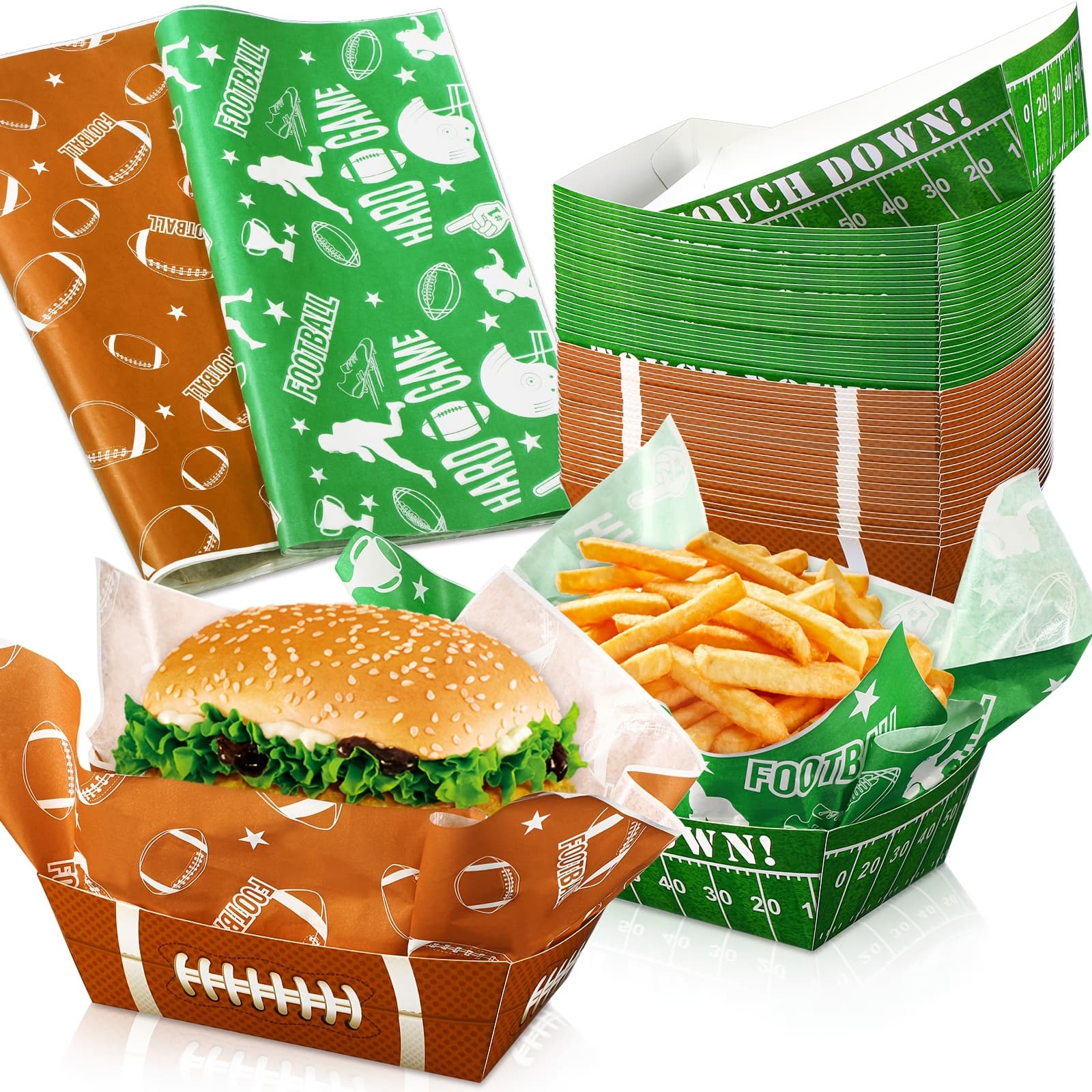 TEMU 100pcs Football-themed Supplies With 50 Serving Boats & Waxed Liners - Grease-resistant Food Trays Suitable For Decorations, Snack Tables, Football Favors