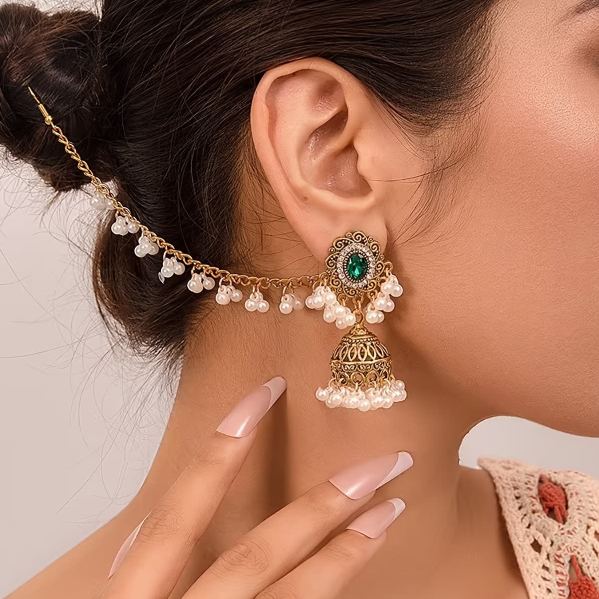 TEMU A Pair Of Middle Eastern Style Retro Elegant Inlaid Pearl Tassel Hair Earrings Women's Holiday Birthday Dating Prom Banquet Party Vacation Shopping Additions