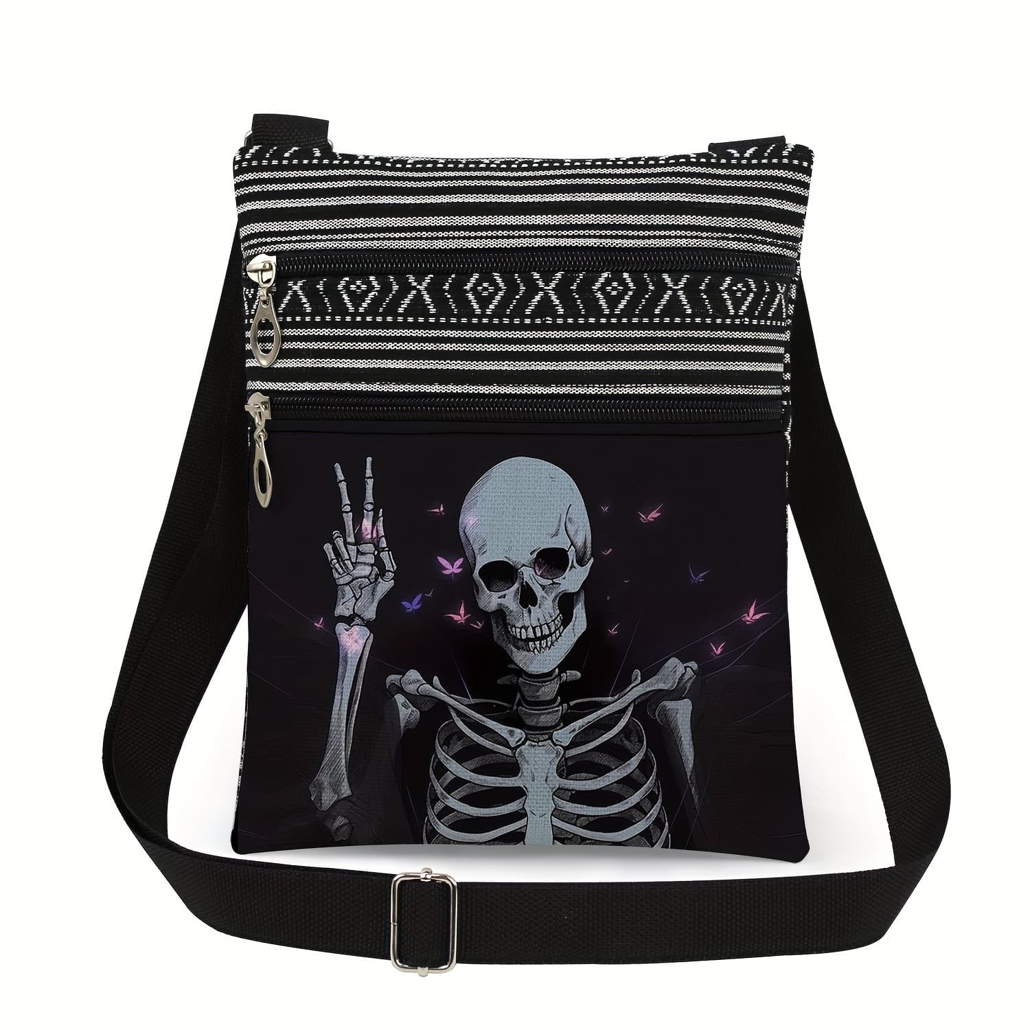 TEMU Black And White Striped Pattern, Random Fun Skull Black Crossbody Bag, Fashionable Skull With Middle Finger "y" Gesture Print Women's Shoulder Bag, Gift Bag For Lovers, Relatives,