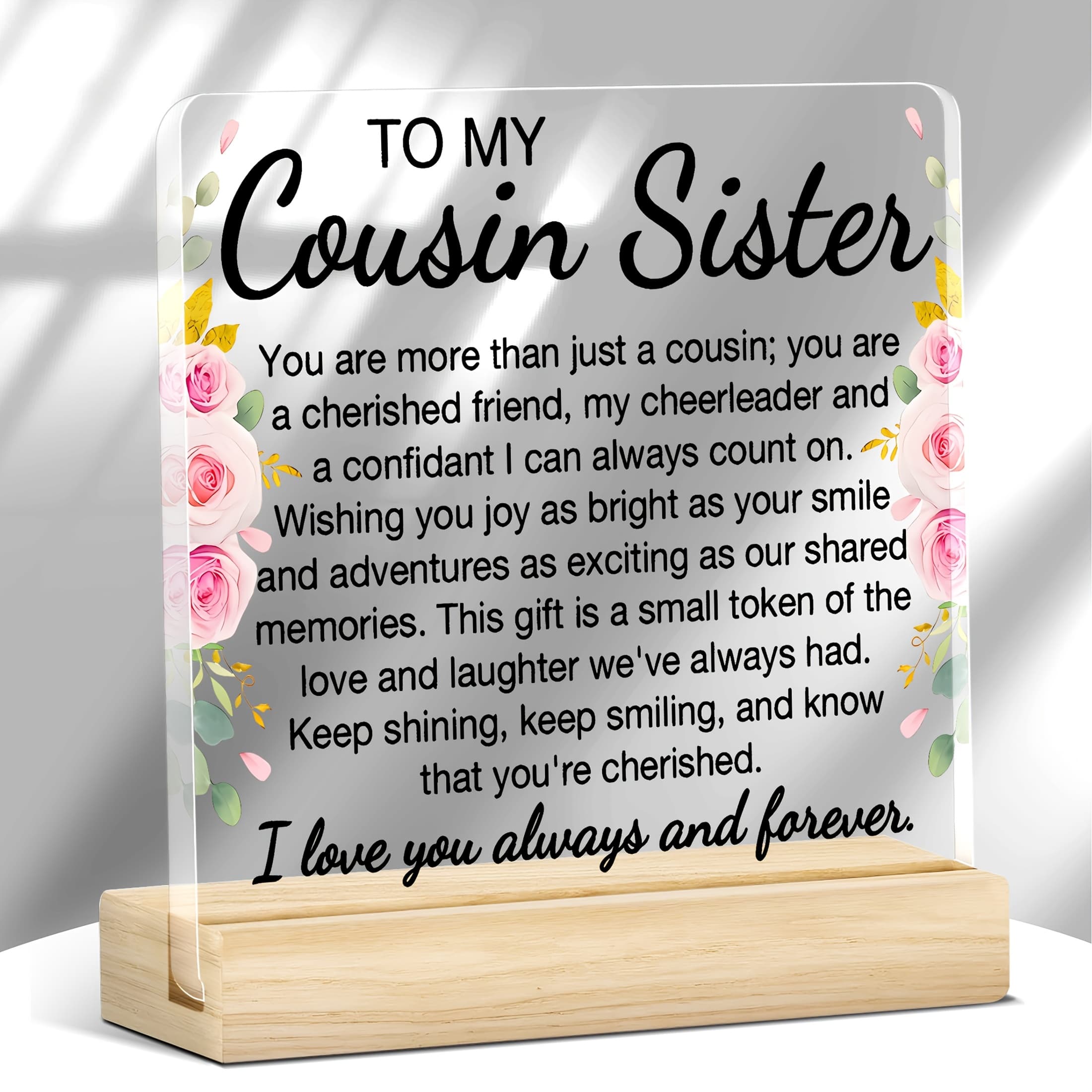 TEMU 2d Flat, 1pc "to My Cousin Sister" Acrylic Desk Sign - Elegant Cursive Lettering & Floral Wood Base Table Decor, Cousin Gift Suitable For Birthdays, Holidays -
