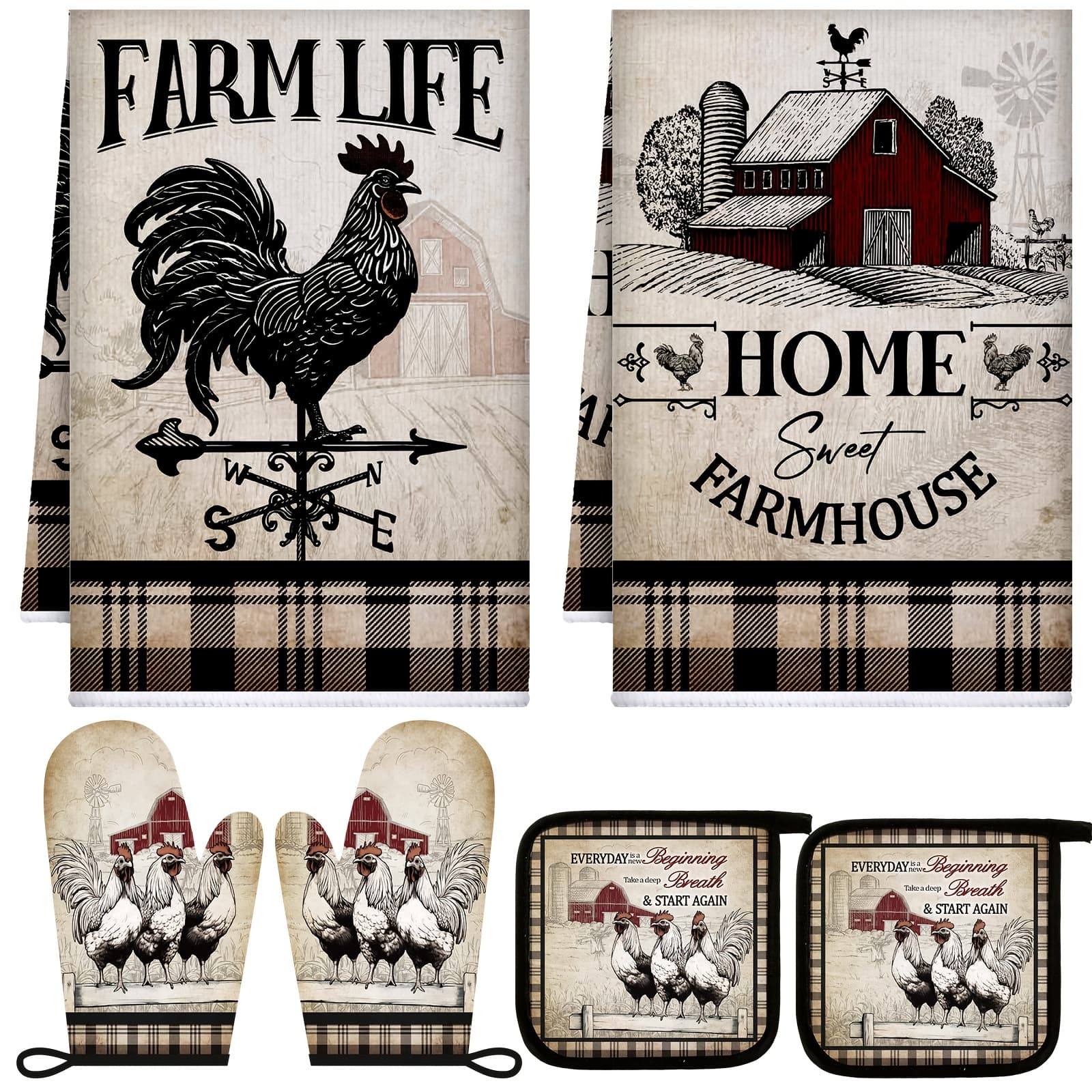 TEMU 6 Farmhouse Oven Mitts And Pot Holders Sets Farmhouse Kitchen Towels Absorbent Dish Towels For Cooking Baking