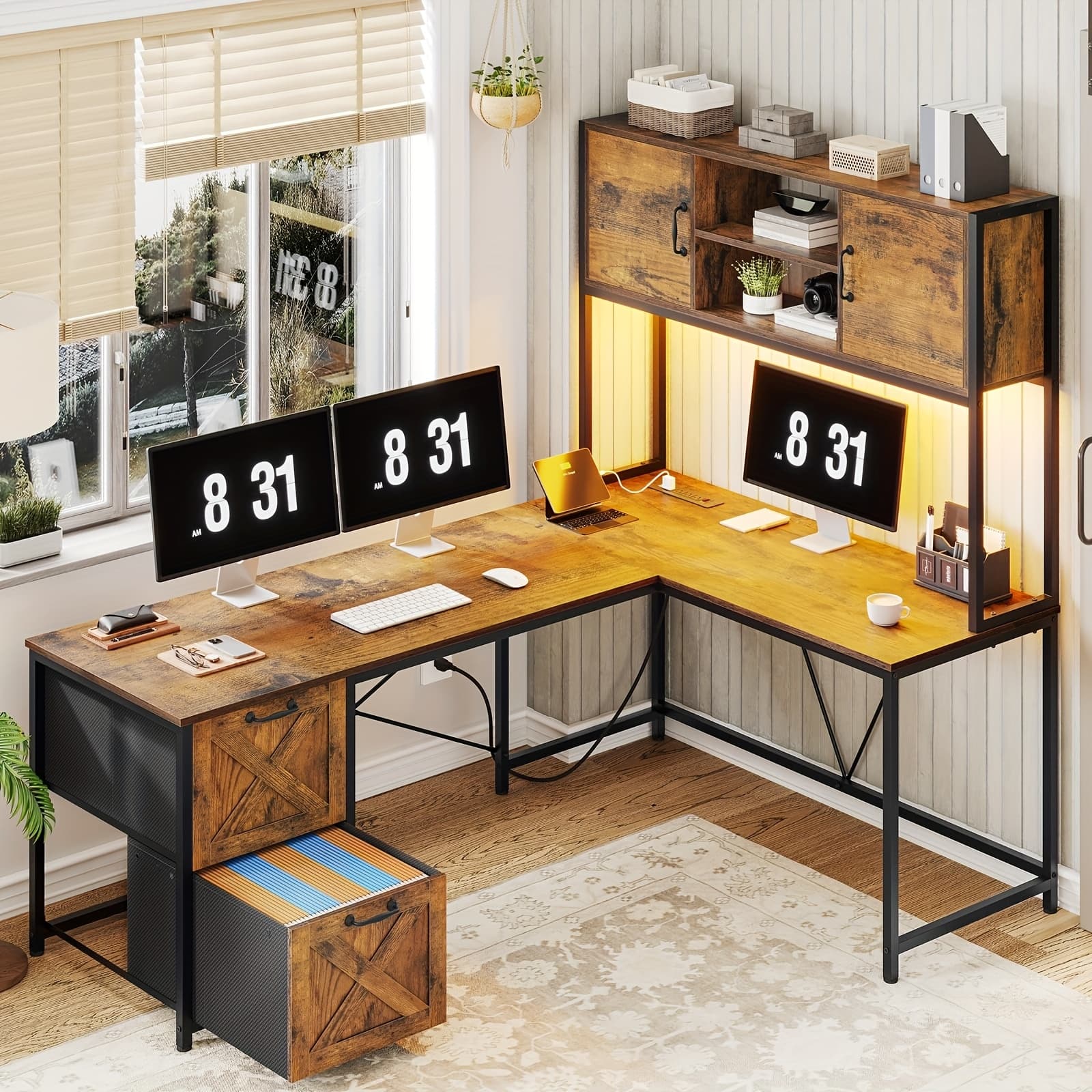 TEMU L-shaped Desk With Drawers, 62.2-inch Home Office Desk Featuring Fabric File Drawers And Power Outlets, L-shaped Desk With Storage Cabinet, Storage Shelf, Led Light