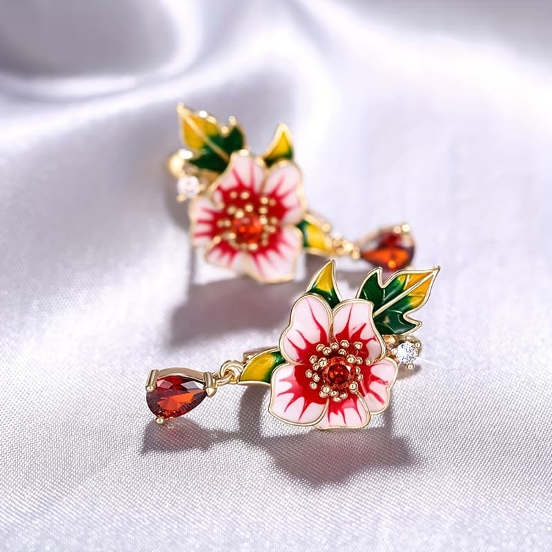 TEMU Exquisite Flower Inlay Synthetic Ruby Pendant Earrings For Women's Vacation Party And Daily Casual Accessories