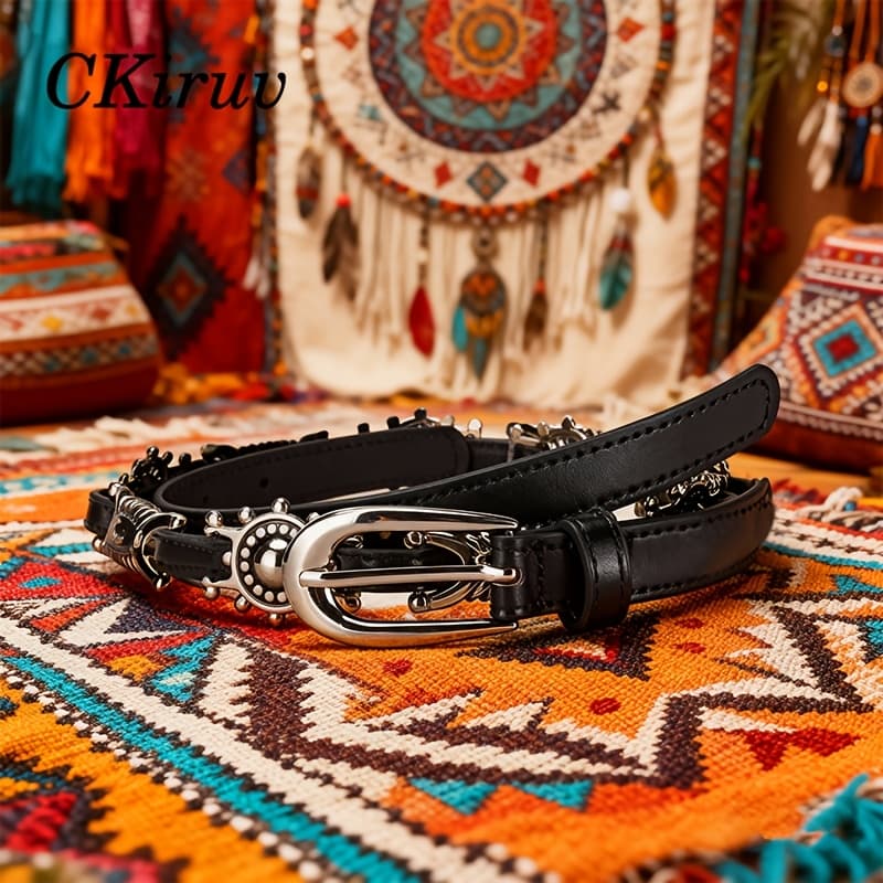TEMU Y2k Bohemian Style Women's Thin Belt | Alloy Material Black Carving Wear Resistant, Non Deformable, Exquisite And Dynamic Suitable For Commuting, Dating, Vacation, Retro, Sweet And Women's Belt