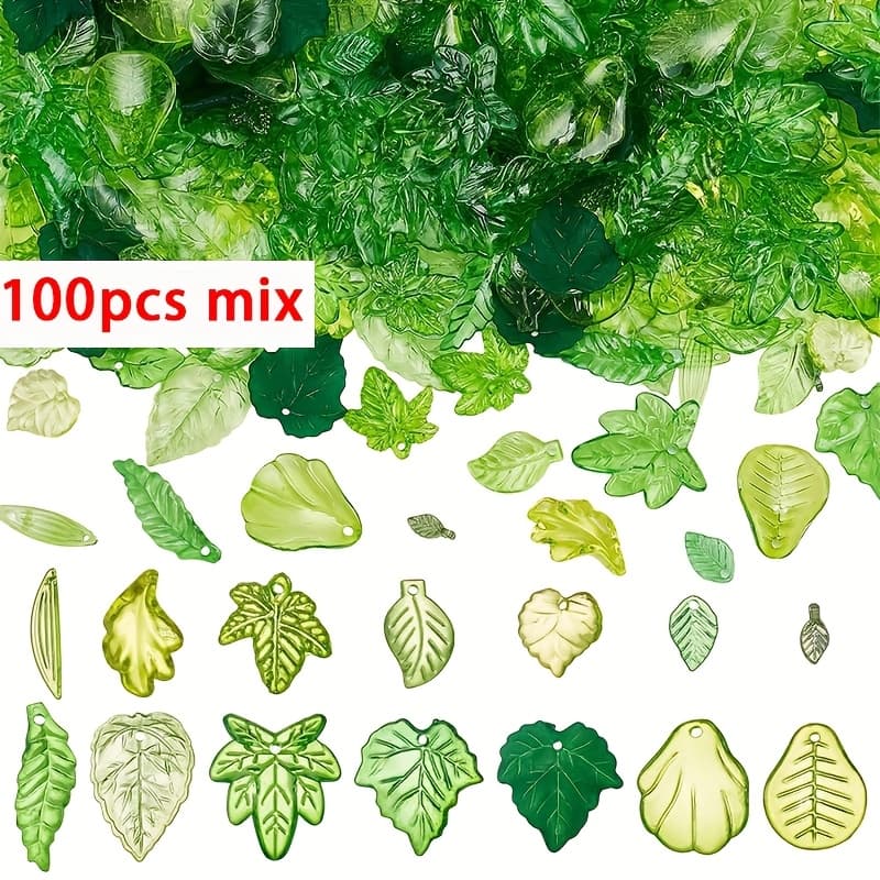 TEMU 100/200pcs Random Style Mix Acrylic Green Leaf Beads, Transparent Hanging Pendants Charms For Jewelry Making Necklace Earring Spring Plant Diy Wind Chimes Crafts