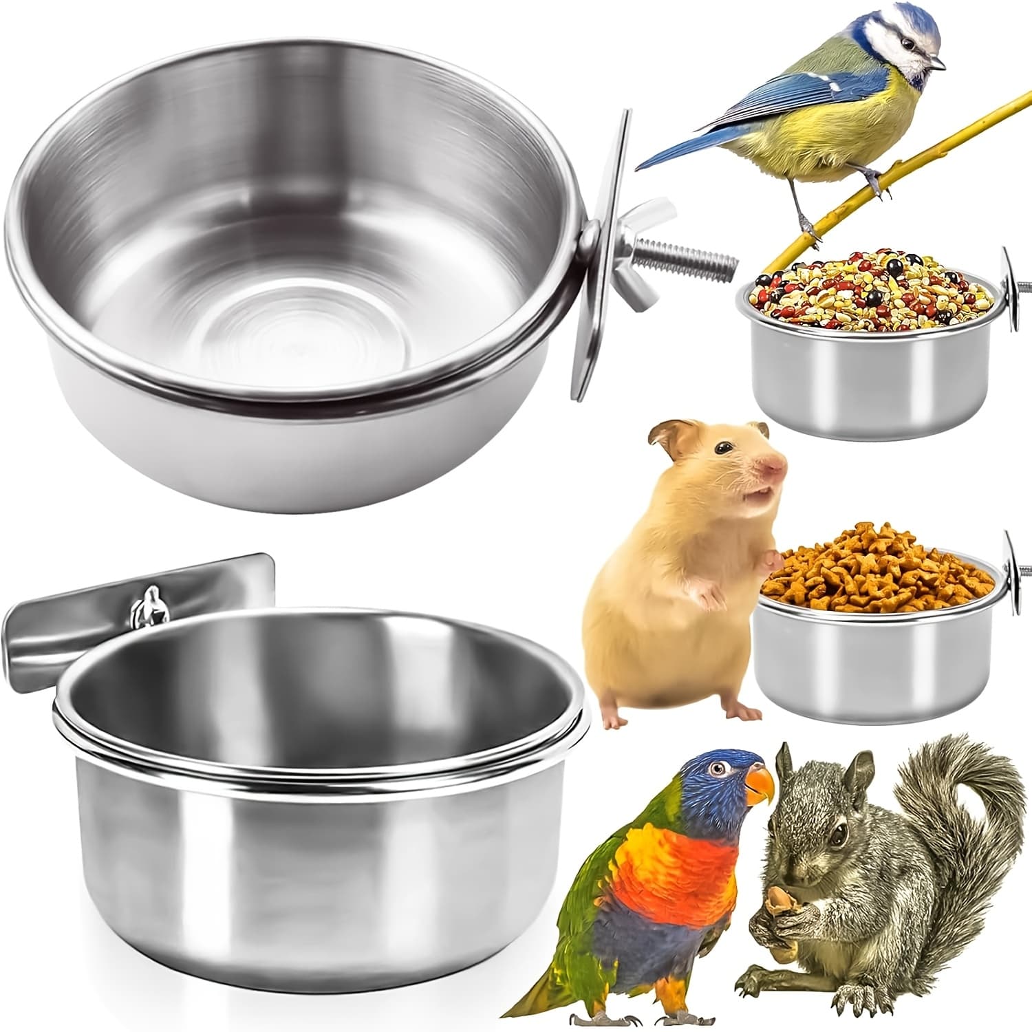 TEMU 2 Pack Stainless Steel Bird Feeding Dish Cups, Bird Feeder Parrot Food Water Bowls With Clamp, Pet Cage Cups Holder For Bird Parrot Cockatiel Conure Budgies Parakeet Small Animal