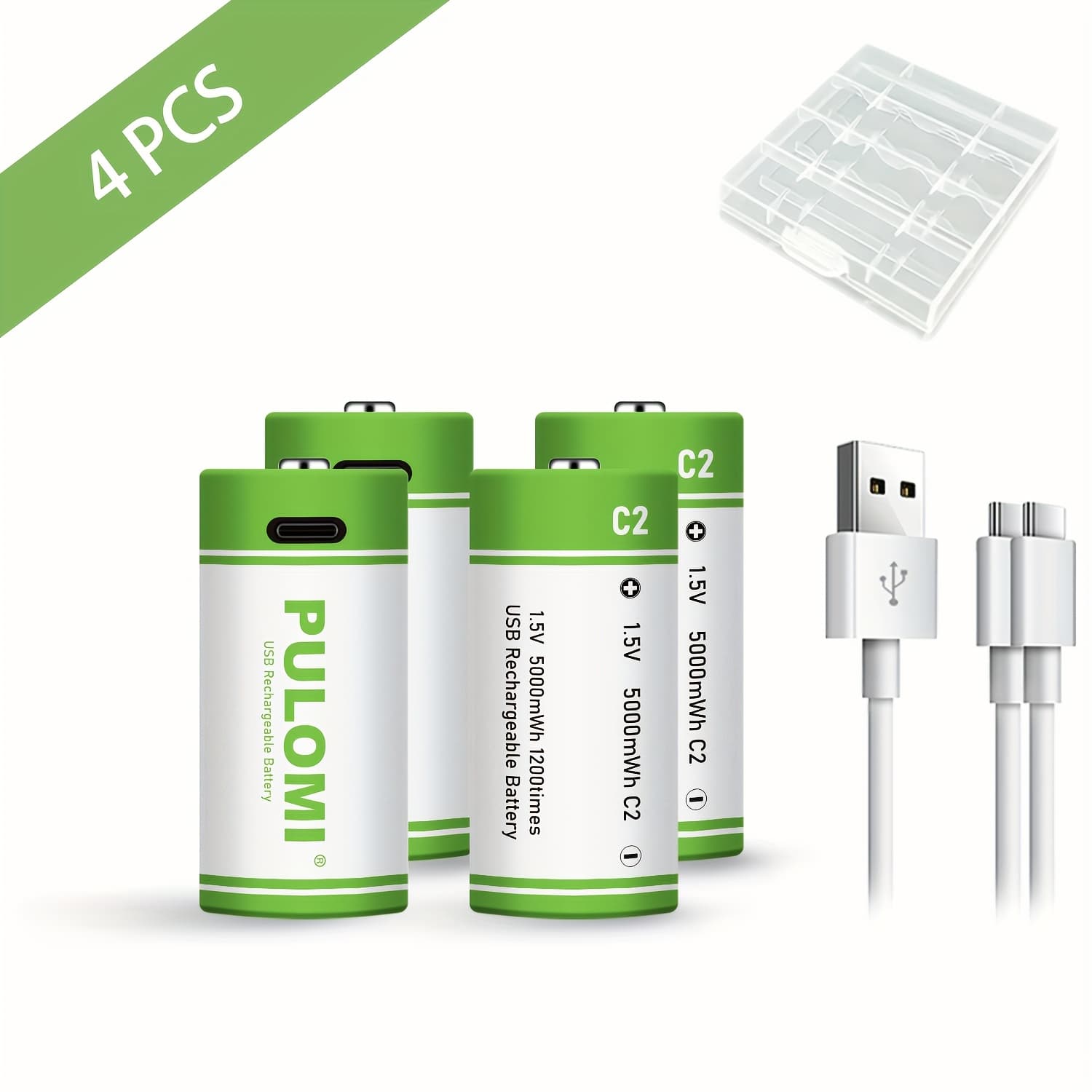 TEMU 4pcs Pulomi C Battery - High Capacity 1.5v 3300mah Rechargeable Lithium Batteries With Usb/type-c Port, Fast 2.5 Hour Charge, 1200 Cycle Life, Includes Type-c Cable And Charging Dock
