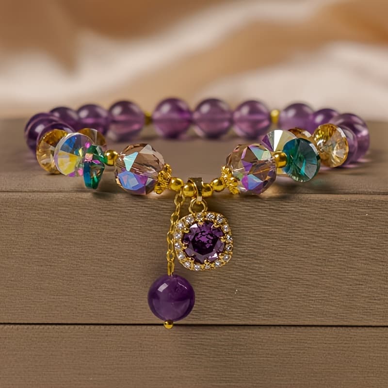 TEMU Classic Amethyst Bead Bracelet With Cubic Synthetic Zirconia, Charm Bead Bracelet, Pendant Bracelet, Fashion Jewelry, Suitable For Daily Wear And Gifting