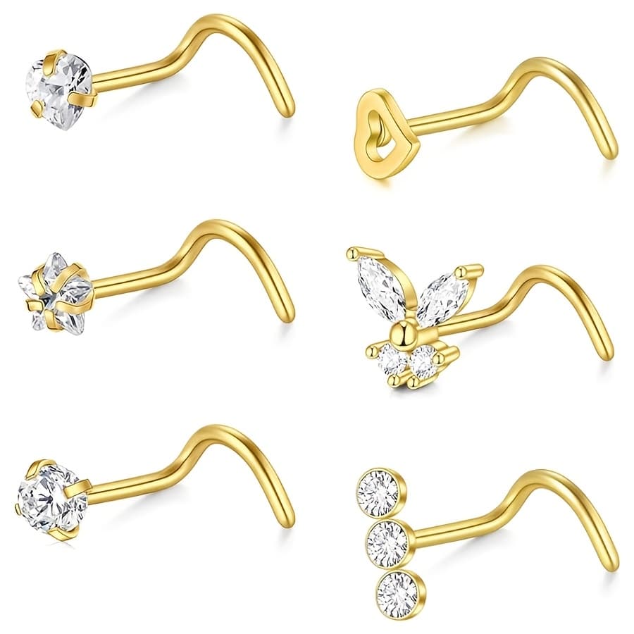 TEMU 6pcs Elegant Women' Steel Nose Stud Spiral Set, Surgical Steel Nose Piercing Jewelry, Perfect For Daily Wear Or Gifting!