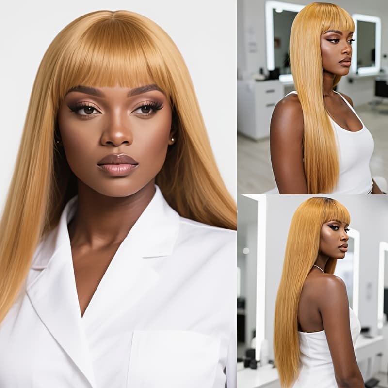 TEMU Honey-golden Long Straight Hair With Blunt Bangs, Soft And Shiny, A Gentle First- Wig.
